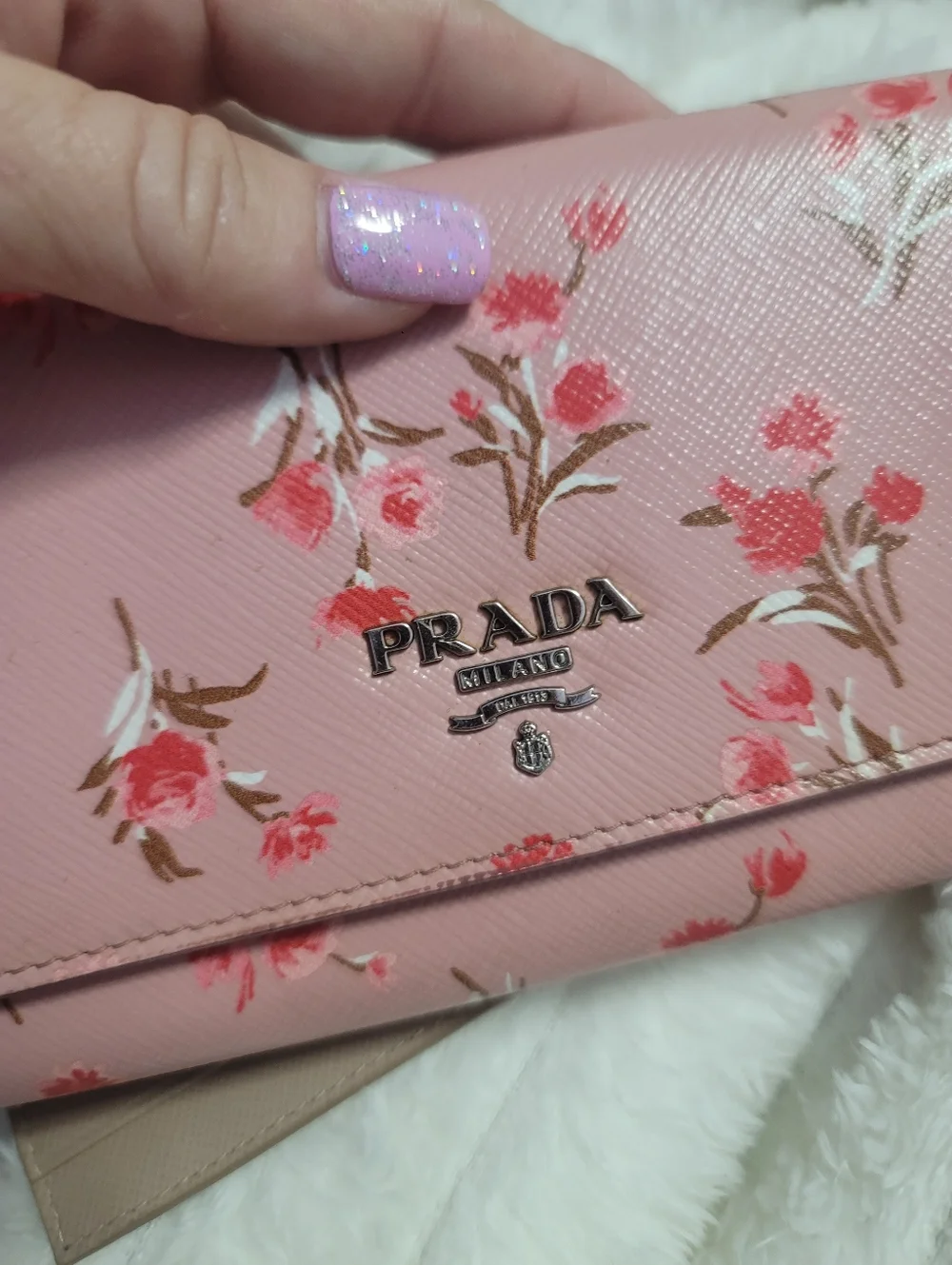 Prada Floral Continental Wallet made from pink Saffiano leather